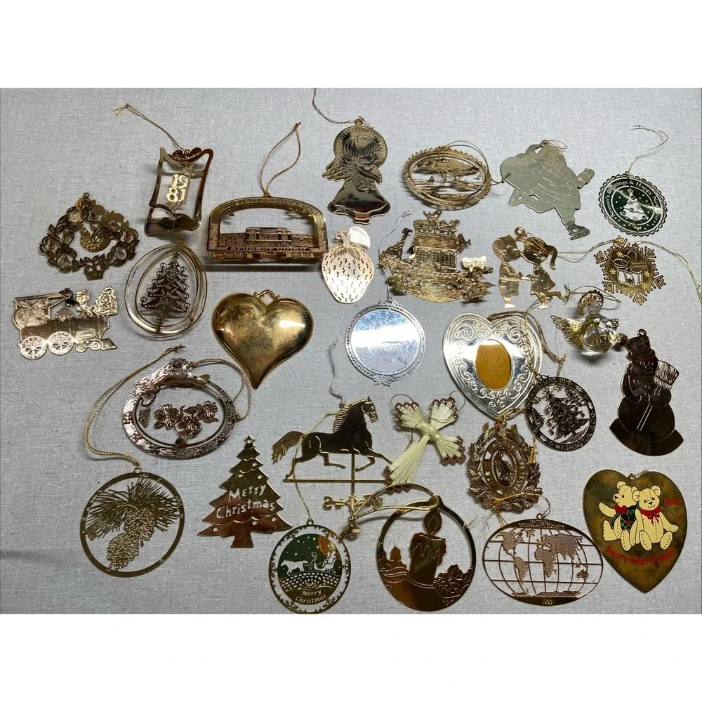 Vintage Gold &Silver Tone Metal Flat Christmas Ornaments Engraved 16 Pc Lot
